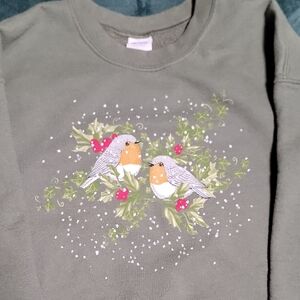 Green Sweatshirt with Bird and Berry Design